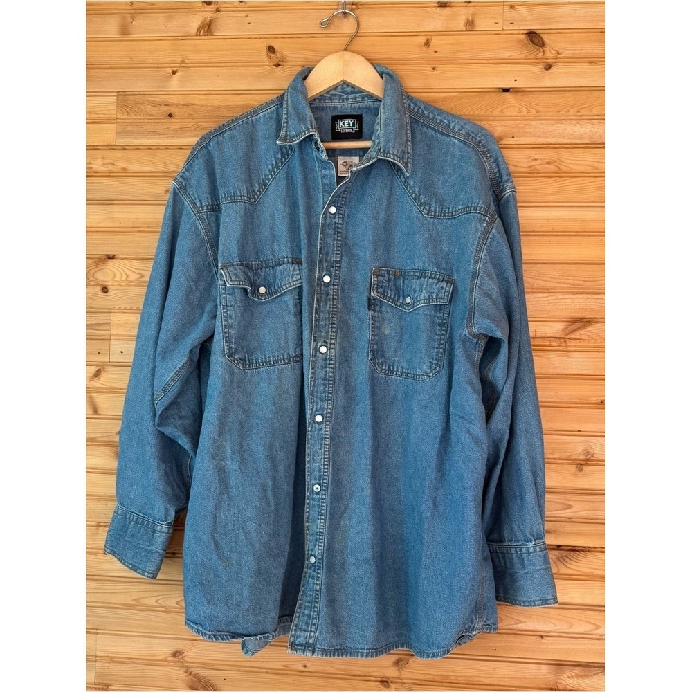 Key Denim Button-Up Shirt Blue 2XL Pearl Buttons Classic Coastal Western